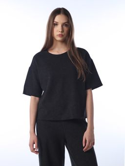 ONLY - Women's Solid Boxy Fit Dark Grey T-shirt