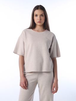 ONLY - Women's Solid Boxy Fit Beige T-shirt