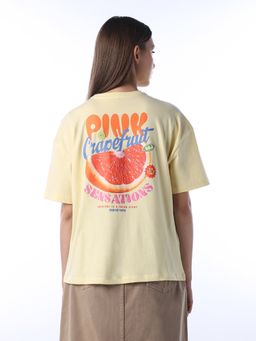 ONLY - Women's Printed Regular Fit Yellow T-shirt