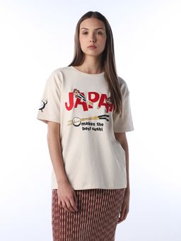 ONLY - Women's printed Regular Fit Beige T-shirt