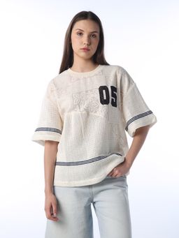 ONLY - Women's Self Design Oversized Cream T-shirt