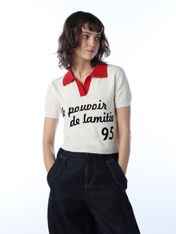 ONLY - Women's Typographic Regular Fit White Polo T-Shirt