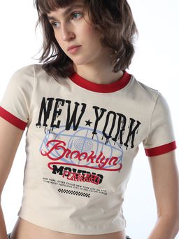 ONLY - Women's Typographic Regular Fit Beige T-shirt