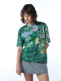 ONLY - Women's Print Oversized Green T-shirt