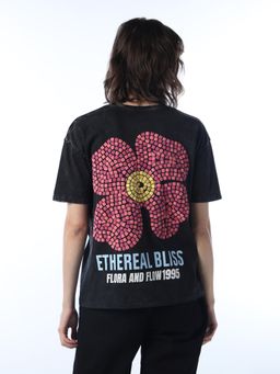 ONLY - Women's Printed Regular Fit Black T-shirt