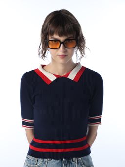 ONLY - Women's Regular Fit Navy Blue Polo T-Shirt