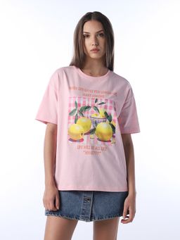 ONLY - Women's Typography Regular Fit Pink T-shirt