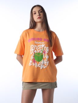 ONLY - Women's Typographic Oversized Orange T-shirt