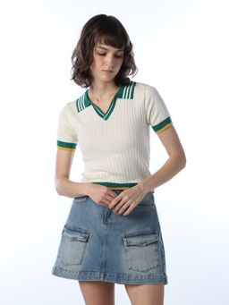 ONLY - Women's Regular Fit White Polo T-Shirt