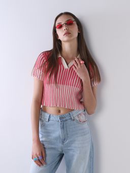 ONLY - Women's Striped Regular Fit Pink Polo T-shirt