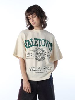 ONLY - Women's Typographic Regular Fit Cream T-shirt