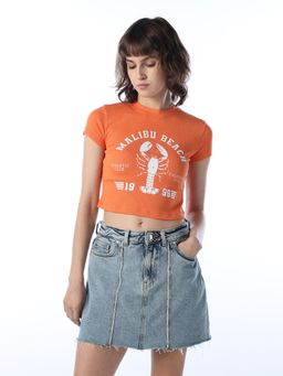 ONLY - Women's Typographic Regular Fit Orange T-shirt