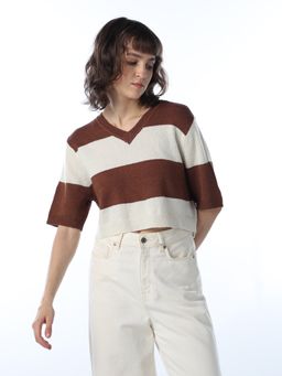 ONLY - Women's Colourblocked Regular Fit Brown T-shirt