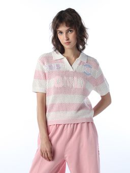 ONLY - Women's Self Design Regular Fit White Polo T-shirt