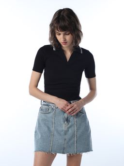 ONLY - Women's Solid Regular Fit Black Polo T-Shirt