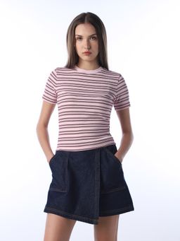 ONLY - Women's Striped Regular Fit Pink T-shirt