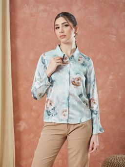 Latin Quarters - Women's Full Sleeves Floral Printed Round Neck Formal Shirt - Blue