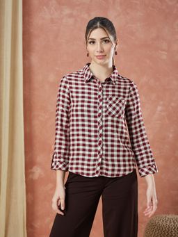 Latin Quarters - Women's Maroon Checks Collar Neck Formal Shirt