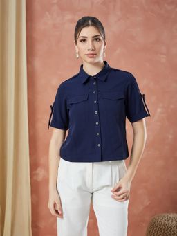 Latin Quarters - Women's Navy Blue Half Sleeves Solid Collar Neck Casual Shirt