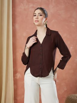 Latin Quarters - Women's Maroon Stripes Collar Neck Casual Shirt
