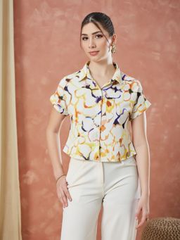 Latin Quarters - Women's Beige Half Sleeves Printed Collar Neck Casual Shirt
