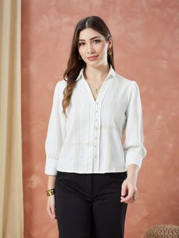 Latin Quarters - Women's Ivory Solid Collar Neck Casual Shirt