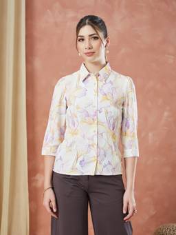 Latin Quarters - Women's Ivory Floral Printed Collar Neck Casual Shirt
