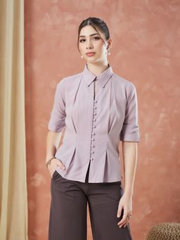 Latin Quarters - Women's Pink Half Sleeves Solid Collared Casual Shirt