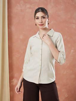 Latin Quarters - Women's Beige Solid Collar Neck Casual Shirt
