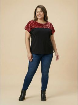 THE PINK MOON - Red Sequins Fabric Top - Black