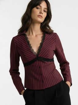 Outzidr - Burgundy Collar Neck Striped Shirt With Lace Empire Seam
