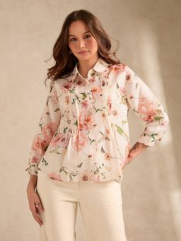 Outzidr - Off-White Regular Fit Printed Shirt with Pintuck Details - Off White