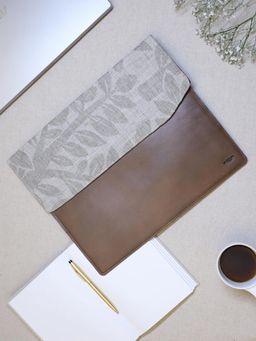 Design Gaatha - Genuine Leather Natural Grey Leaf Linen Jacquard Laptop Sleeves