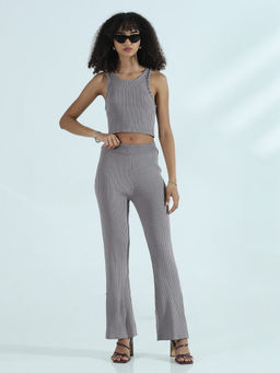 SHOWOFF - Women Ribbed Grey Co-Ord With Studs (Set of 2)