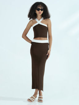 SHOWOFF - Women Ribbed Brown Co-Ord (Set of 2)