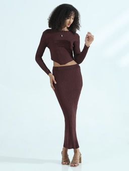 SHOWOFF - Women Ribbed Brown Co-Ord (Set of 2)