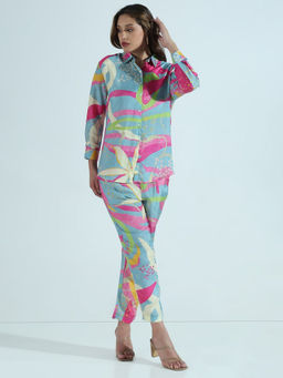 SHOWOFF - Women Abstract Printed Blue Co-Ord With Embellished Collar (Set of 2)