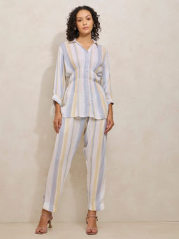 SHOWOFF - Women Vertical Stripe White Shirt Style Co-Ord (Set of 2)