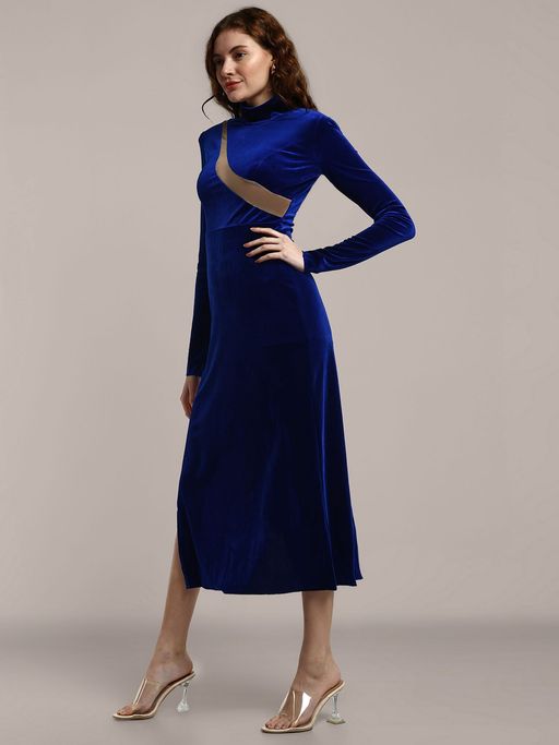 Buy IKI CHIC Solid Deep Blue High Neck Velvet Midi Dress Online