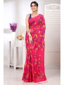 DipDiya - Women Pink Cotton Saree with Unstitched Blouse Piece