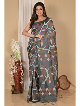 DipDiya - Women Grey Cotton Saree with Unstitched Blouse Piece