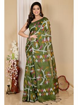 DipDiya - Women Green Cotton Saree with Unstitched Blouse Piece