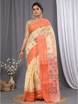 DipDiya - Women Orange Pure Cotton Saree with Unstitched Blouse Piece