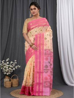 DipDiya - Women Pink Pure Cotton Saree with Unstitched Blouse Piece