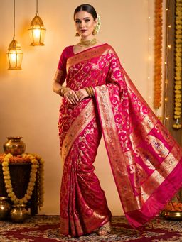 Hella Fashions - Women Pink Silk Blend Saree with Unstitched Blouse Piece