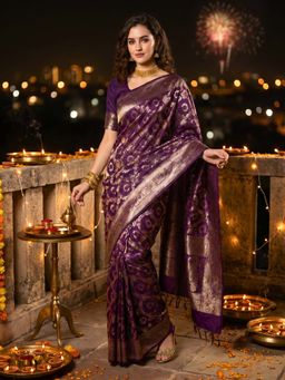 Hella Fashions - Women Purple Silk Blend Saree with Unstitched Blouse Piece