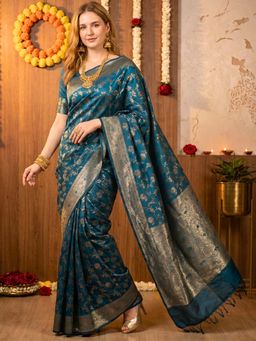 Hella Fashions - Women Blue Silk Blend Saree with Unstitched Blouse Piece