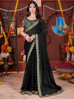 PMD FASHION - Women Black Silk Blend Saree with Unstitched Blouse Piece