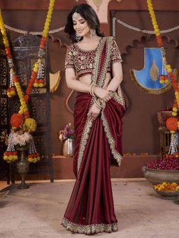 PMD FASHION - Women Maroon Silk Blend Saree with Unstitched Blouse Piece