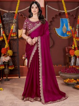 PMD FASHION - Women Pink Silk Blend Saree with Unstitched Blouse Piece